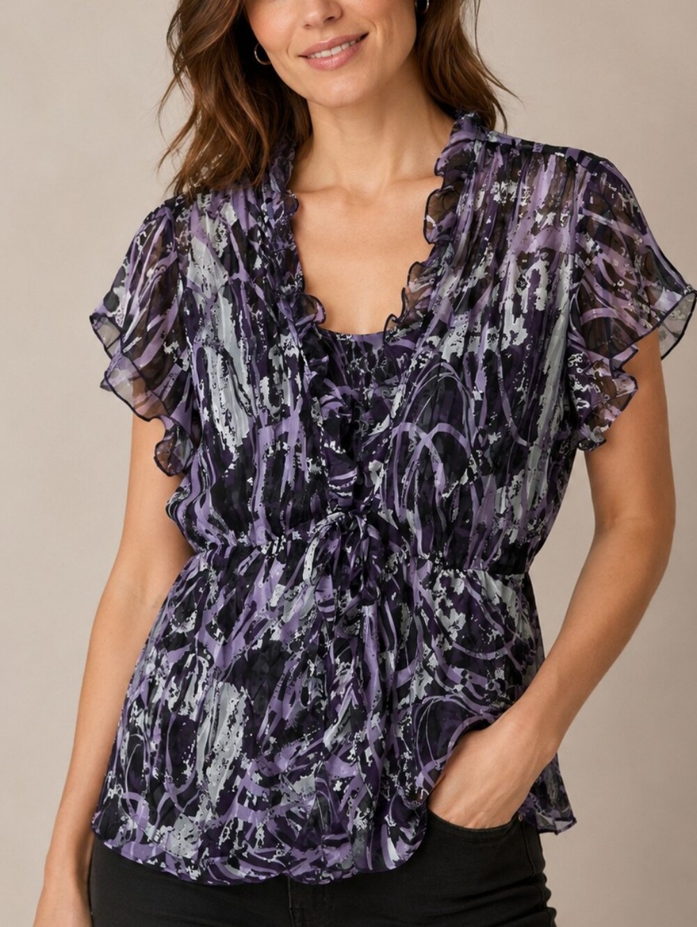 💙 Ricki's Purple Abstract Ruffle-Front Tie Blouse